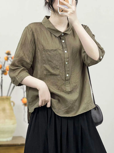 Women Linen Solid Color Retro Shirt