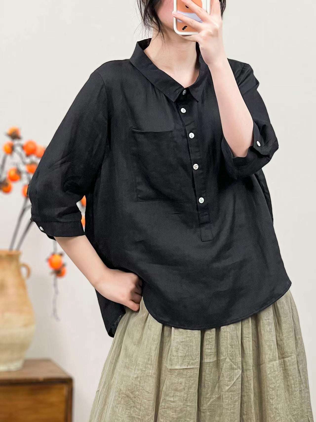 Women Linen Solid Color Retro Shirt