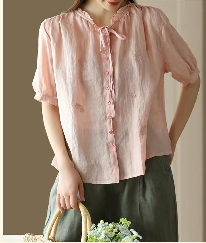 Ramie Embroidery Short Sleeve Shirt