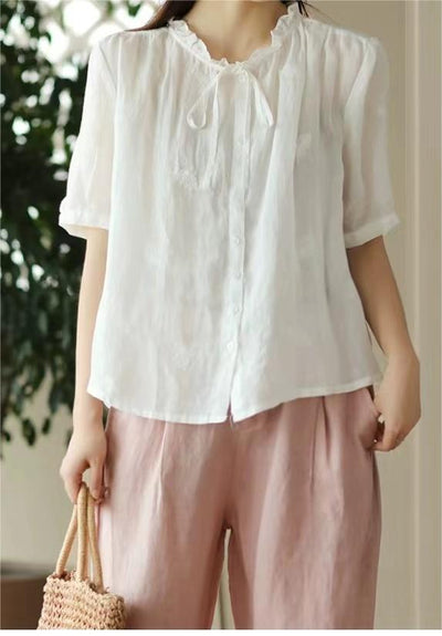 Ramie Embroidery Short Sleeve Shirt