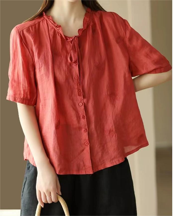 Ramie Embroidery Short Sleeve Shirt