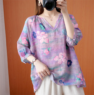 Babakud Loose V-Neck Printed Three-Quarter Sleeve Shirts