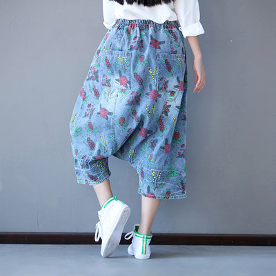 Retro Printed Loose Denim Pants