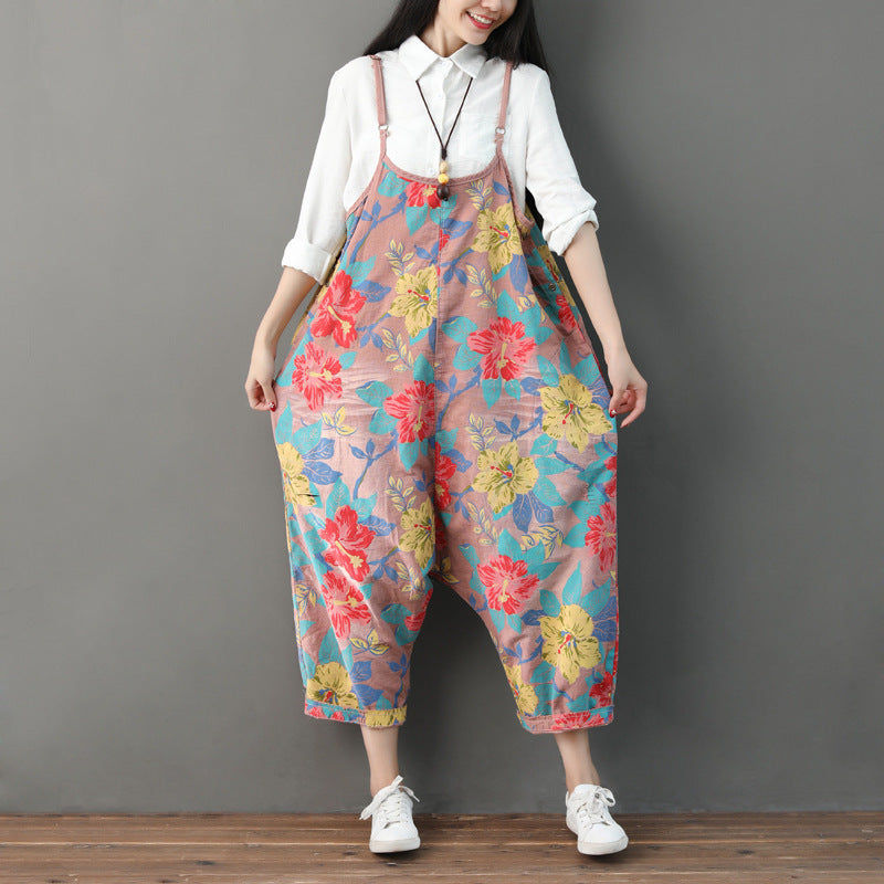 Women Summer Retro Floral Printed Strappy Pants