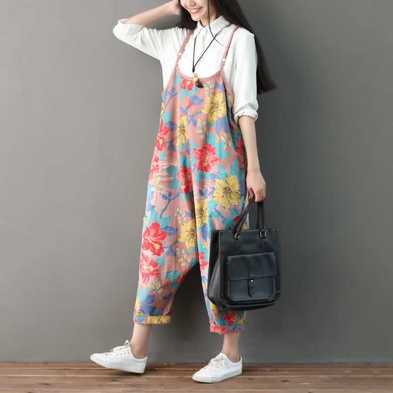 Women Summer Retro Floral Printed Strappy Pants