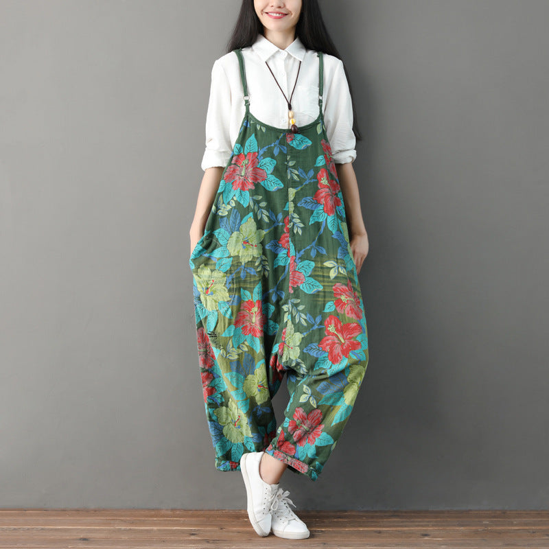 Women Summer Retro Floral Printed Strappy Pants