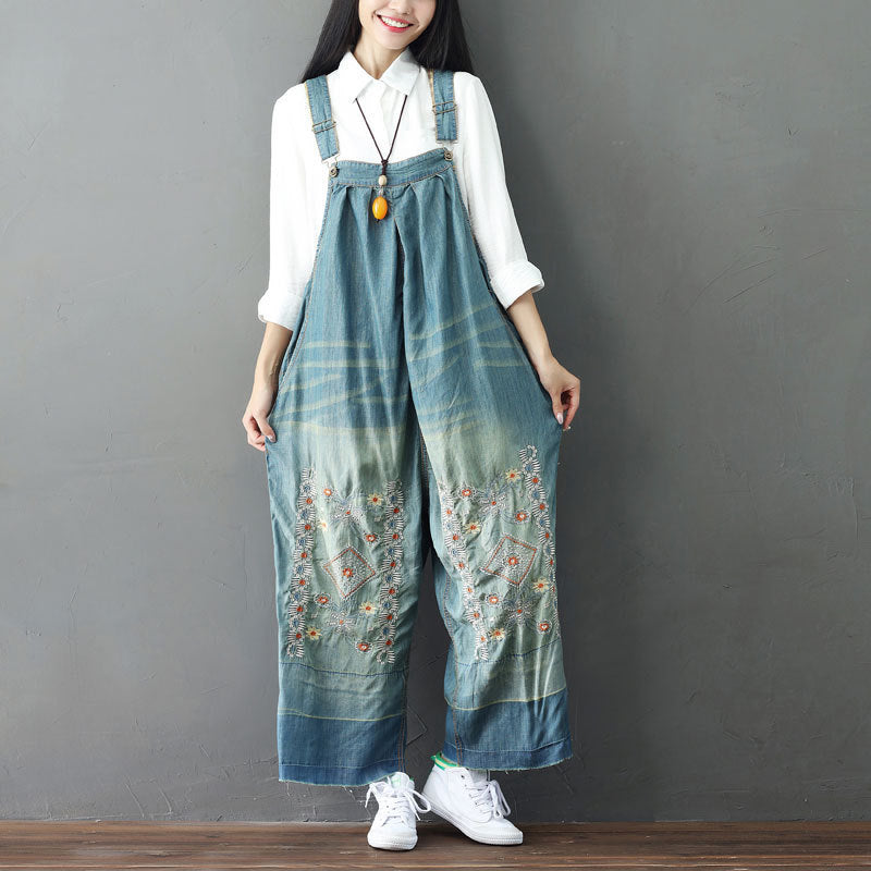 Summer Retro Floral Embroidery Strappy Denim Pants