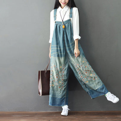 Summer Retro Floral Embroidery Strappy Denim Pants