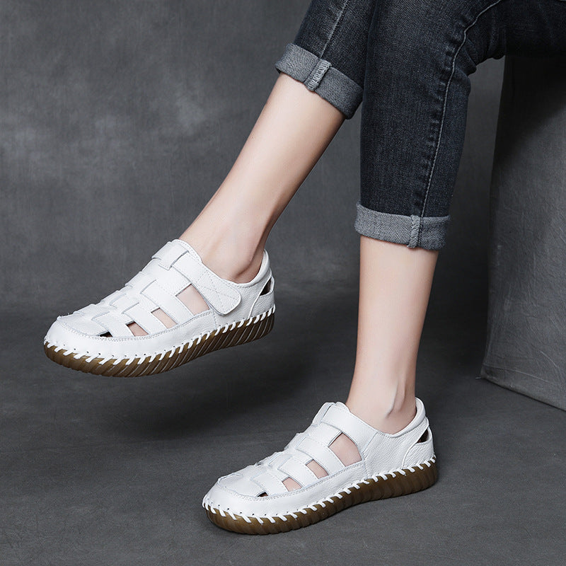 Women Summer Soft Leather Casual Slip On Flats Sandals