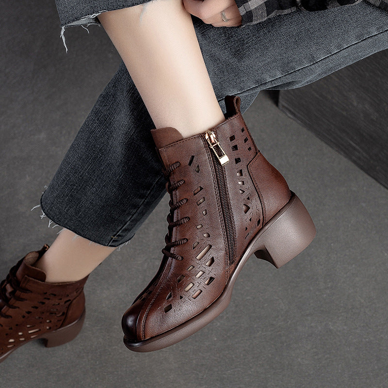 Women Summer Retro Leather Mid-Heel Boots