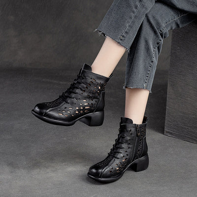 Women Summer Retro Leather Mid-Heel Boots