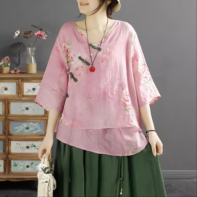 Women Retro Floral Printed Linen Summer Blouse