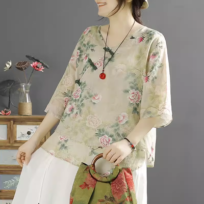 Women Retro Floral Printed Linen Summer Blouse