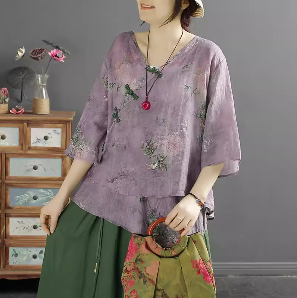 Women Retro Floral Printed Linen Summer Blouse