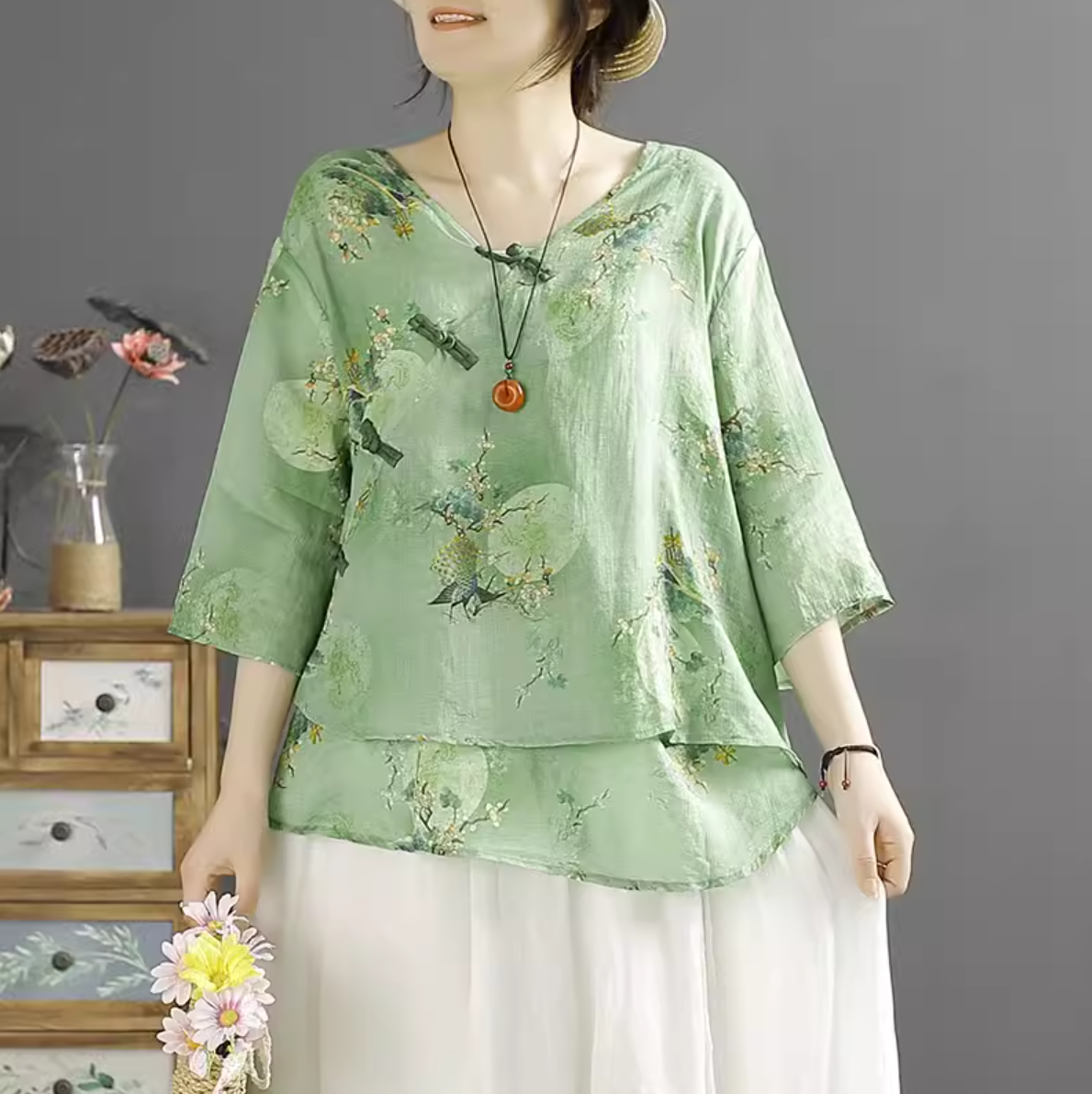 Women Retro Floral Printed Linen Summer Blouse