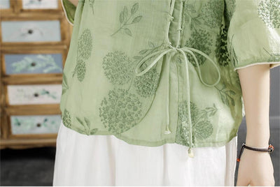 Women Retro Embroidery Linen Summer Blouse