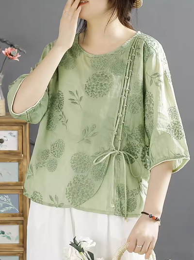 Women Retro Embroidery Linen Summer Blouse