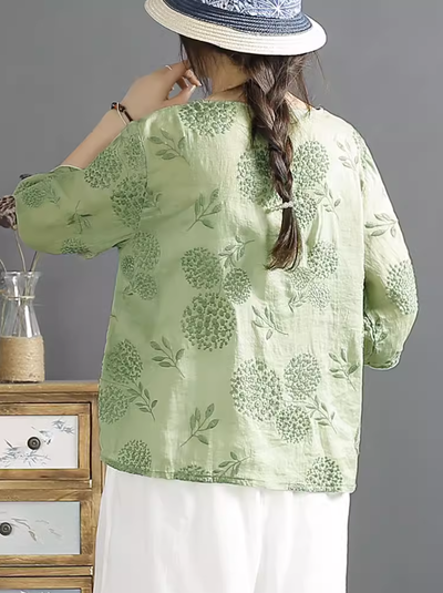 Women Retro Embroidery Linen Summer Blouse