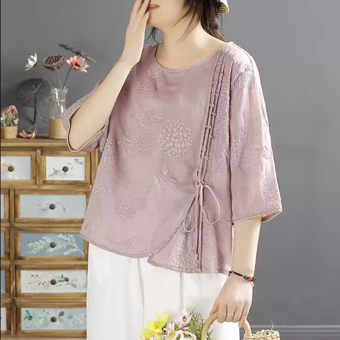 Women Retro Embroidery Linen Summer Blouse