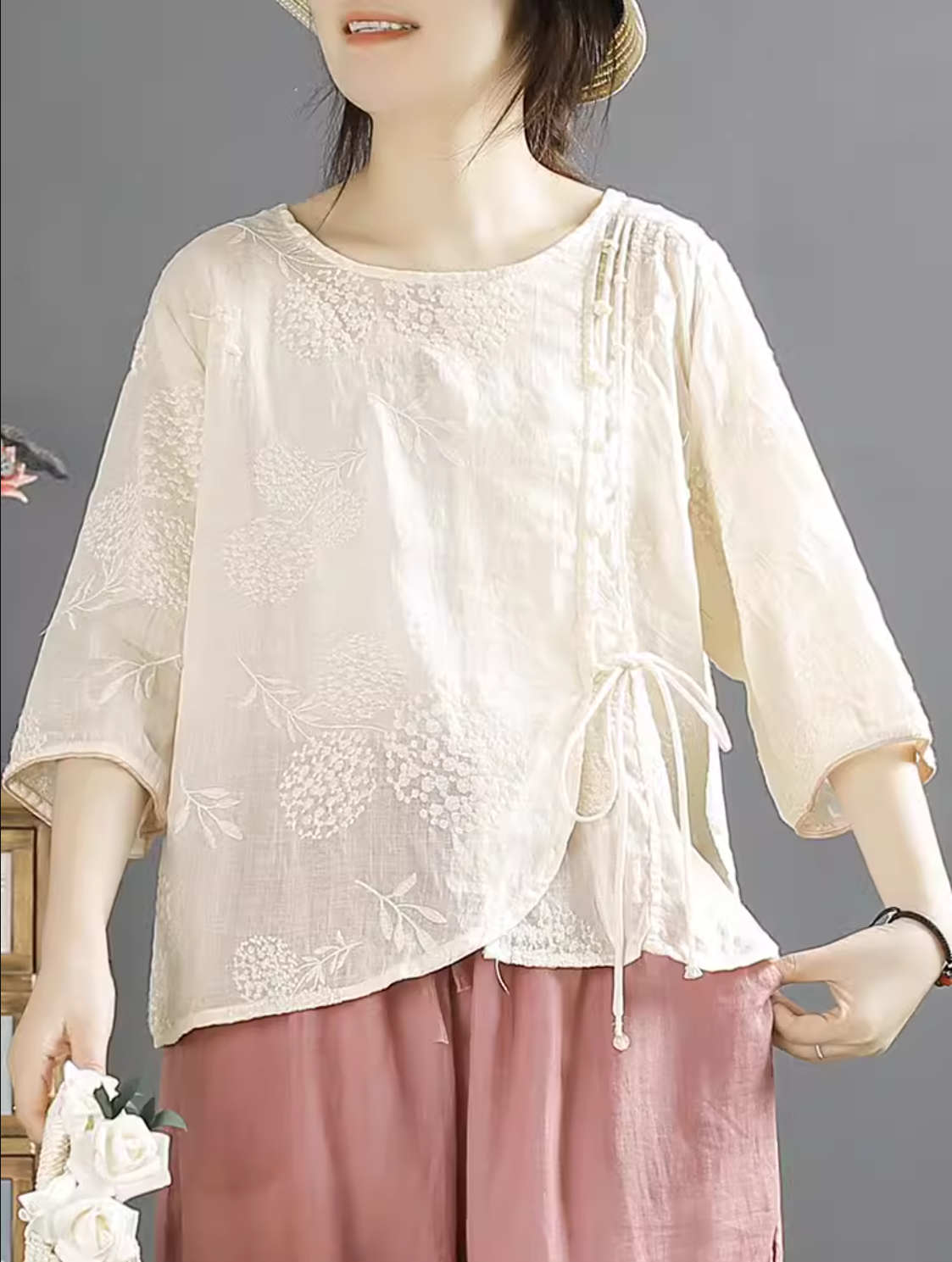 Women Retro Embroidery Linen Summer Blouse