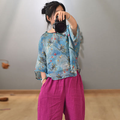 Women Summer Floral Printed Casual Linen Shirts