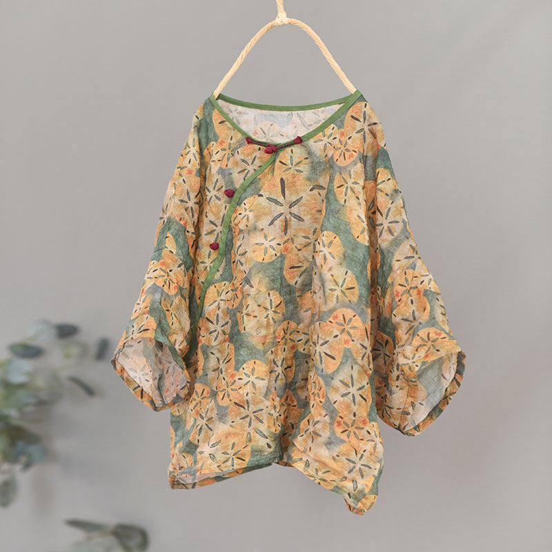 Women Summer Floral Printed Casual Linen Shirts