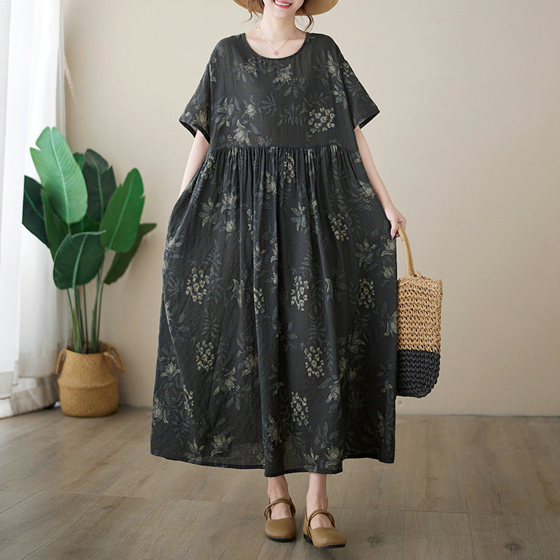 Women Summer Loose Retro Floral Printed Dress