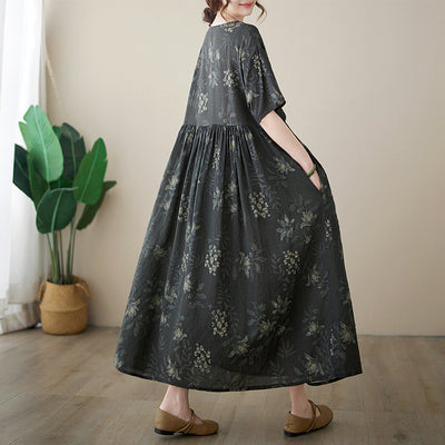 Women Summer Loose Retro Floral Printed Dress