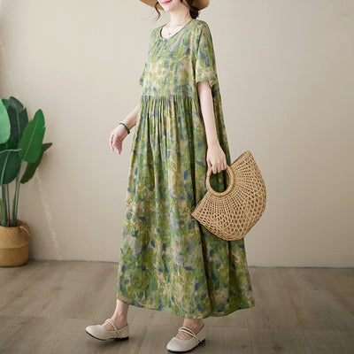 Women Loose Retro Floral Printed Summer Dress