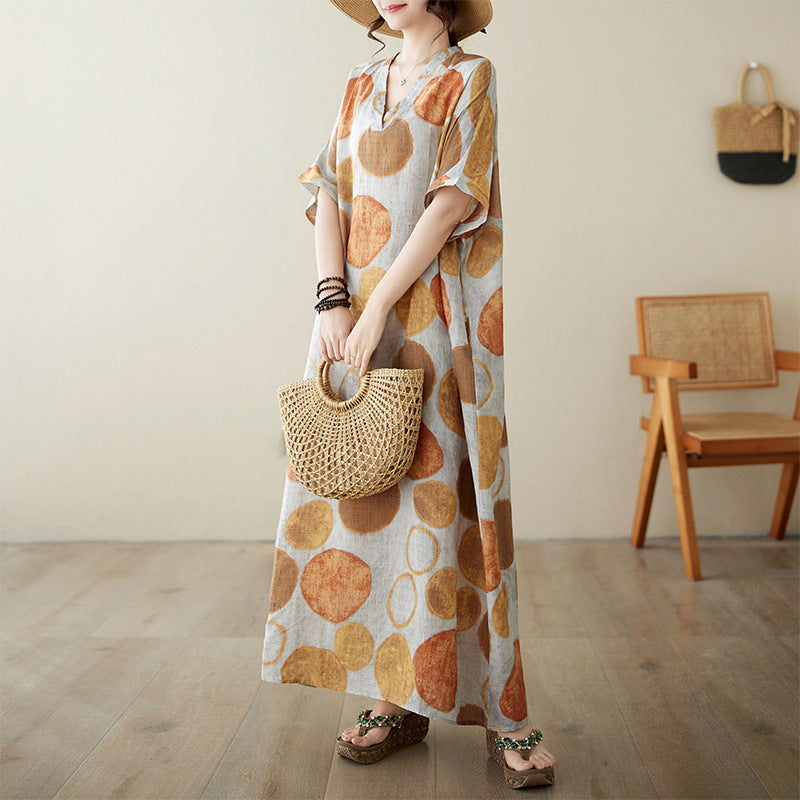 Women Summer V-Neck Cotton Linen Loose Dress