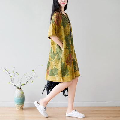 Summer Casual Floral Printed Cotton T-Shirt Dress