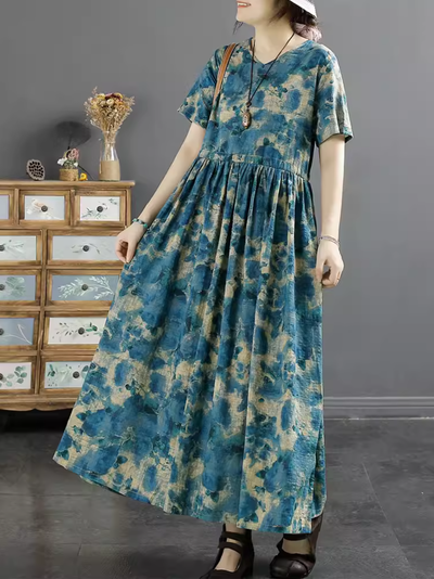 Women Retro Printed Cotton Linen Summer Dress