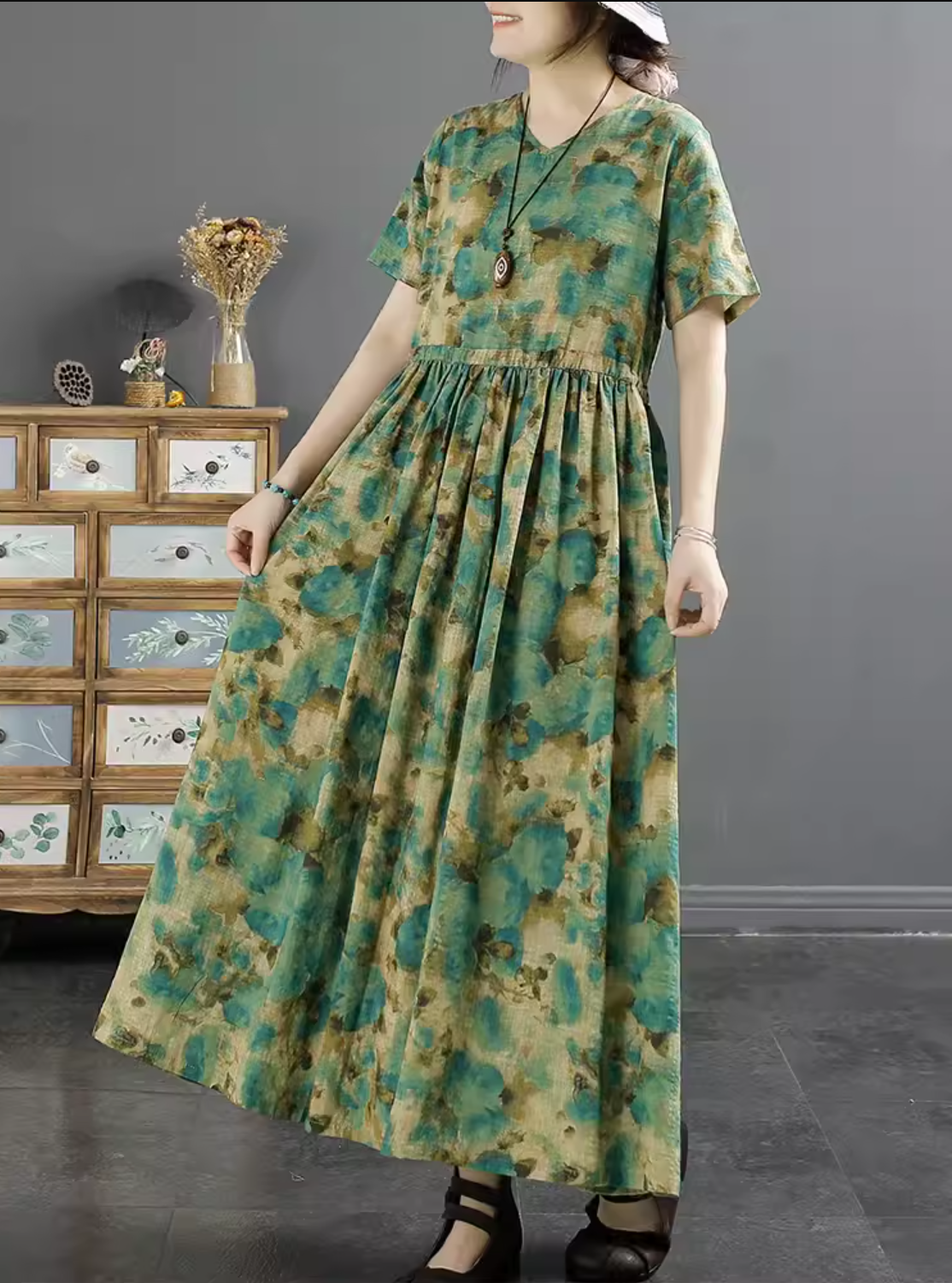 Women Retro Printed Cotton Linen Summer Dress