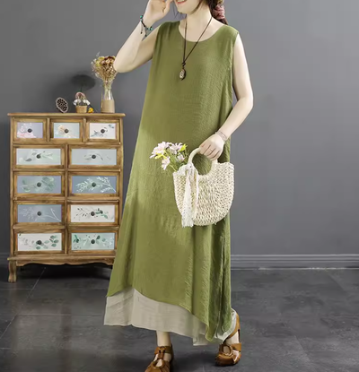 Women Retro Cotton Linen Summer Sleeveless Dress