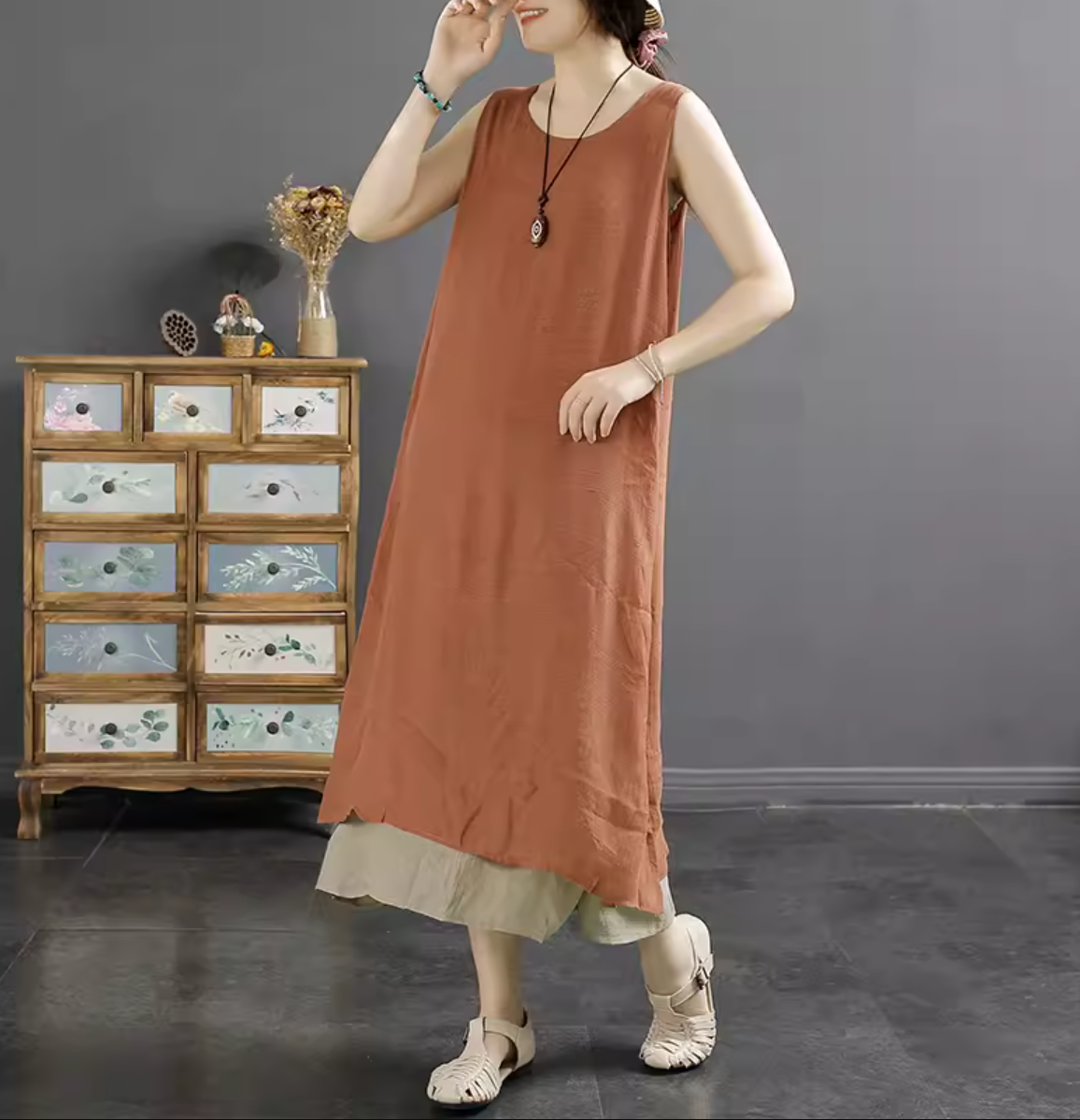 Women Retro Cotton Linen Summer Sleeveless Dress