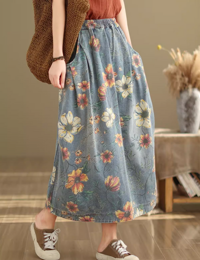 Summer Retro Floral Printed Casual Denim Skirt