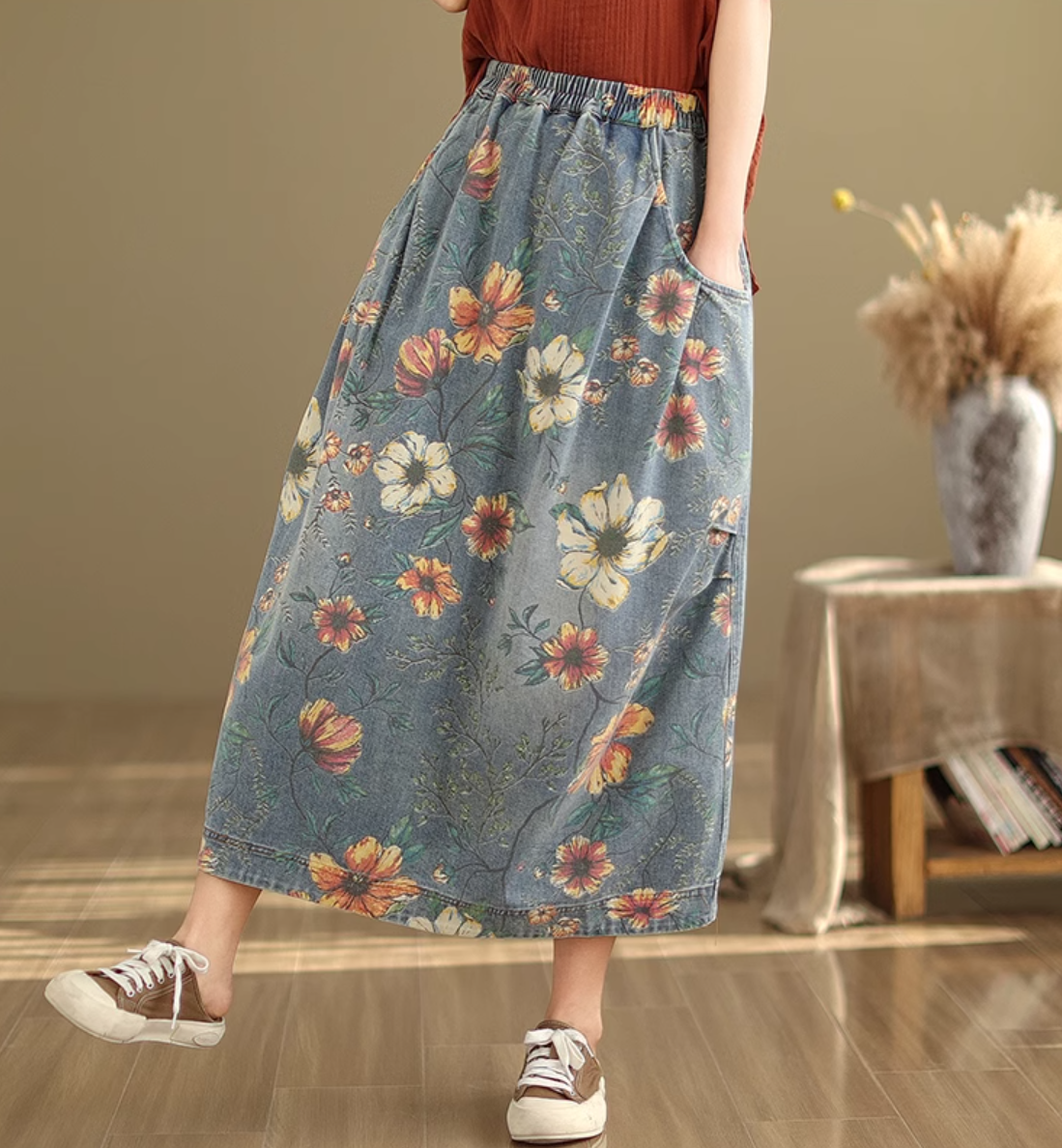 Summer Retro Floral Printed Casual Denim Skirt