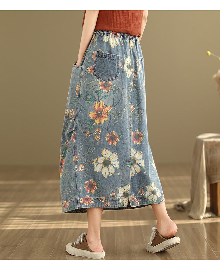 Summer Retro Floral Printed Casual Denim Skirt