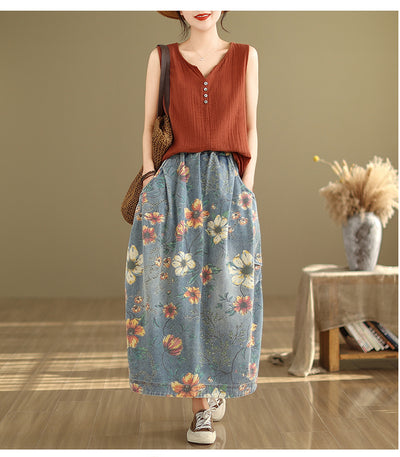 Summer Retro Floral Printed Casual Denim Skirt