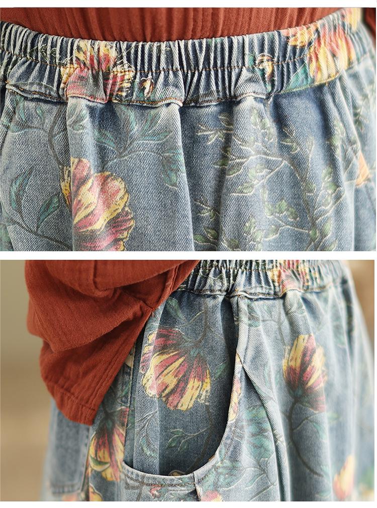 Summer Retro Floral Printed Casual Denim Skirt