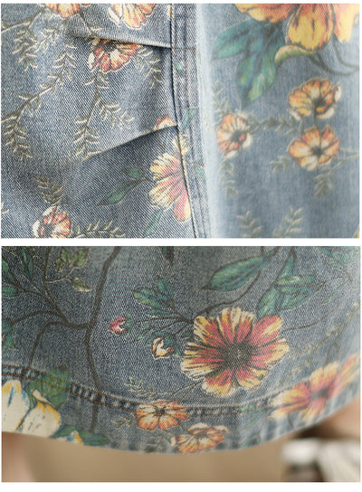 Summer Retro Floral Printed Casual Denim Skirt