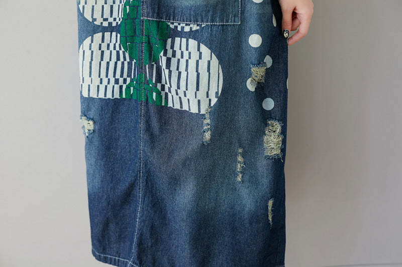 Summer Retro Polka-Dot Casual Denim Strappy Skirt