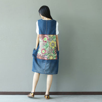 Summer Casual Floral Printed Patchwork Denim Skirt