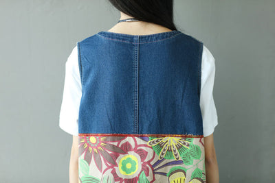 Summer Casual Floral Printed Patchwork Denim Skirt