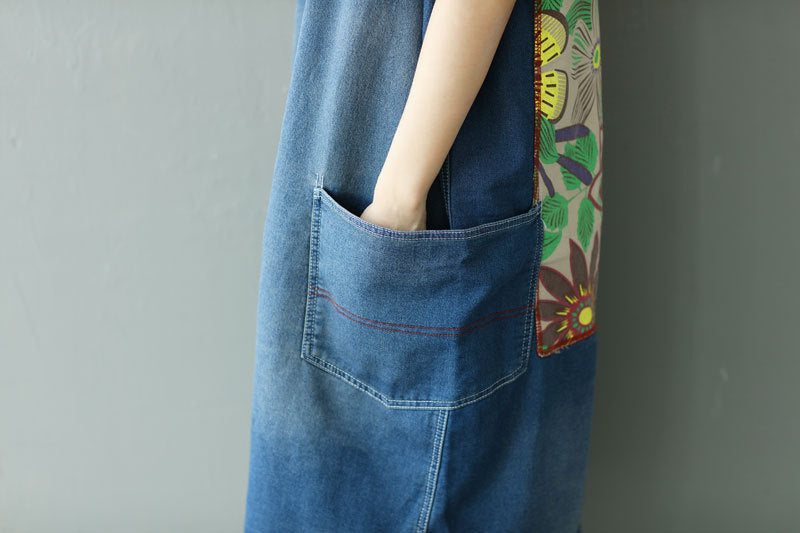 Summer Casual Floral Printed Patchwork Denim Skirt