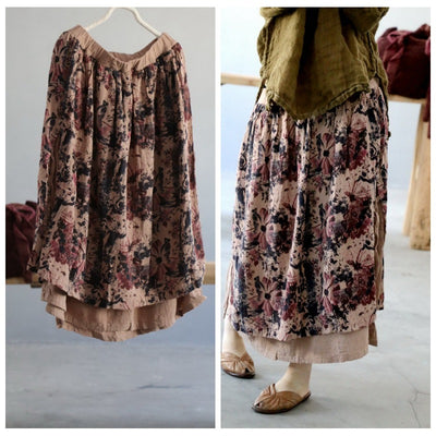 Women Summer Retro Floral Printed Cotton Linen Skirt