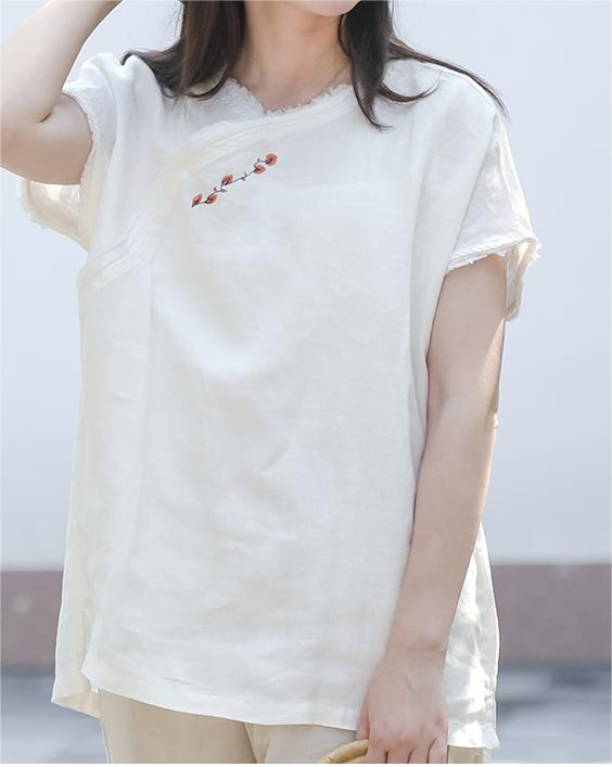 Linen Short Sleeves Summer Retro Floral Embroidery T-shirt