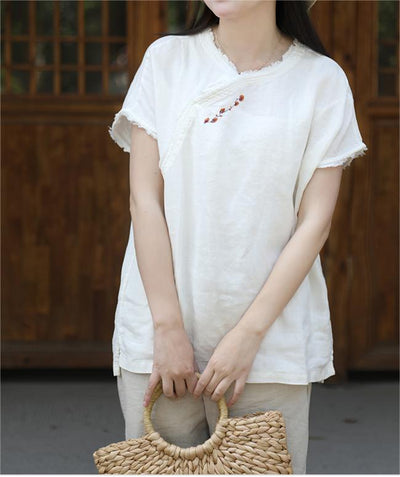 Linen Short Sleeves Summer Retro Floral Embroidery T-shirt