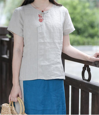 Linen Short Sleeves Summer Retro Floral Embroidery Shirt