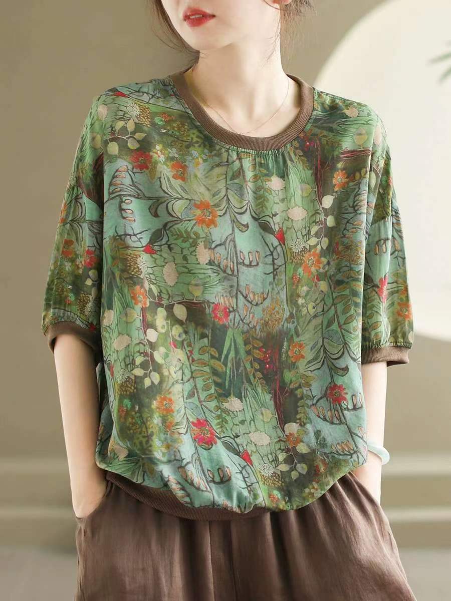 Women Summer Linen Retro Floral Printed T-shirt